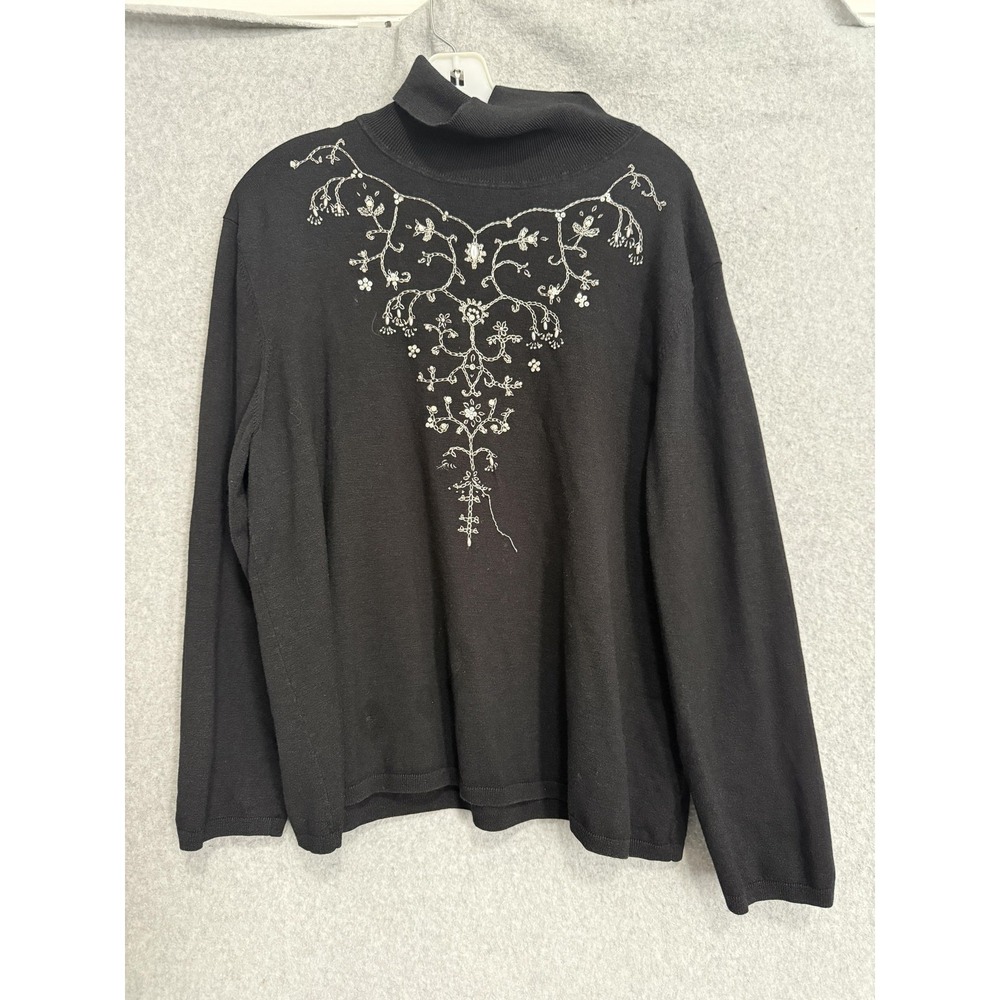 Judith Hart Sweater Womens 3X Black Silk Blend Beaded Floral Turtleneck Knit‎